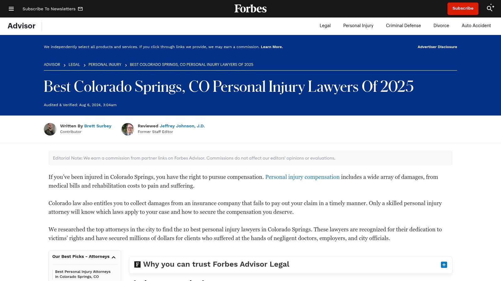Forbes Advisor — “Best Personal Injury Lawyers in Colorado Springs, CO” (2025)