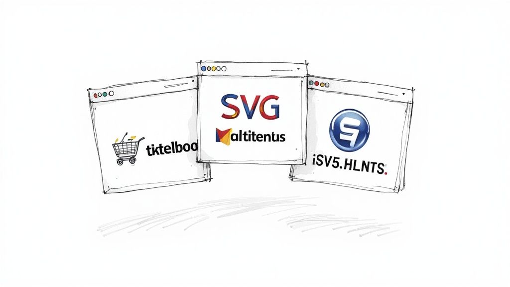 A person at a desk browsing SVG files on a laptop, with folders and icons around