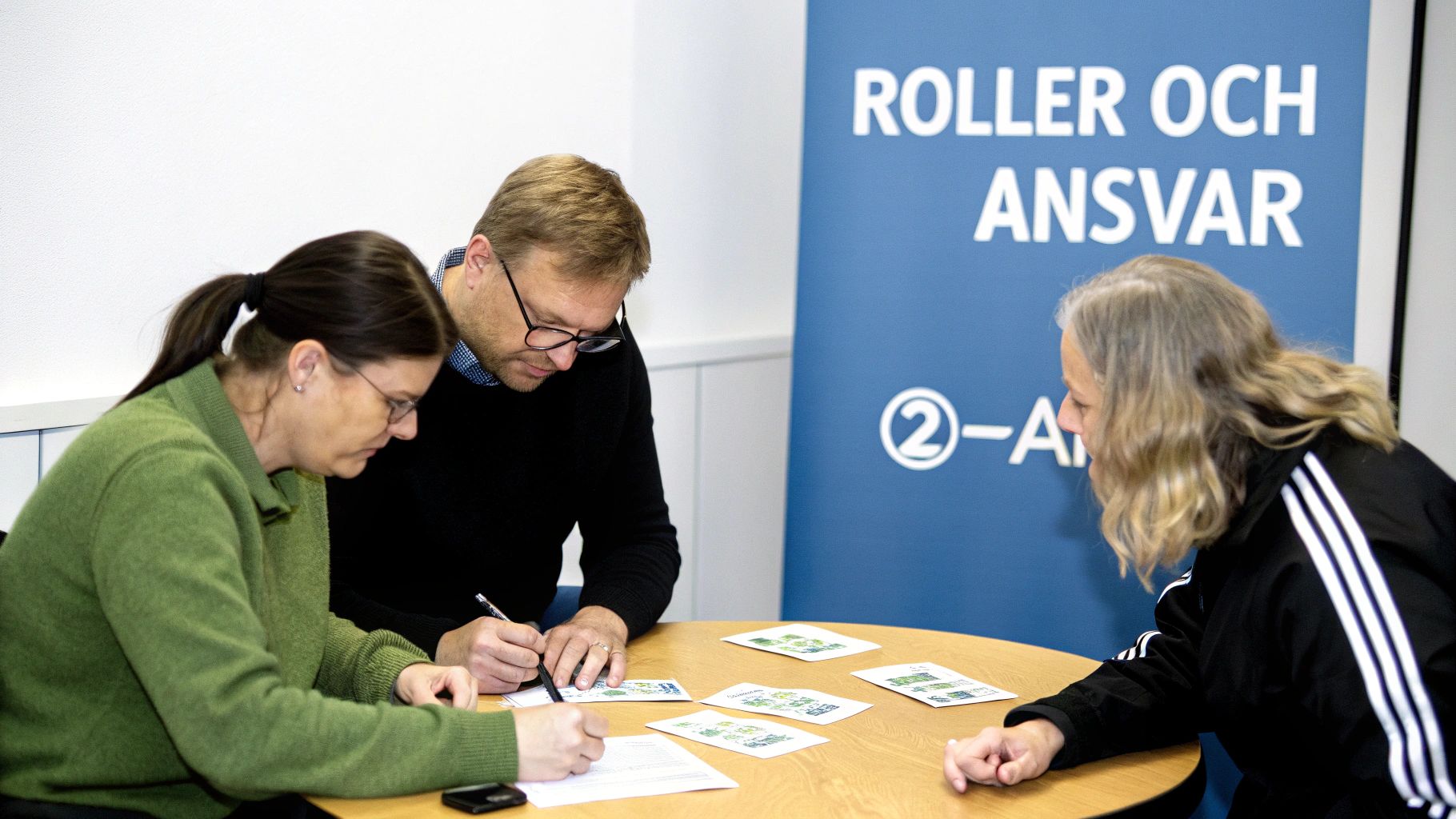 Människor arbetar och diskuterar vid ett runt bord. Bakgrunden visar en skylt med "ROLLER OCH ANSVAR".