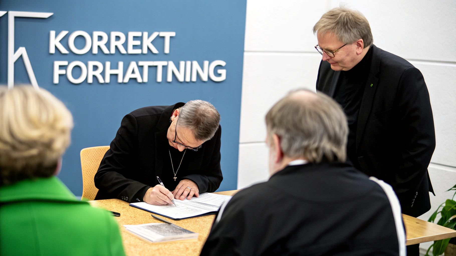 En man i svart kostym skriver under ett dokument vid ett bord, medan en annan man observerar. Bakgrunden visar 'KORREKT FÖRHATTNING'.