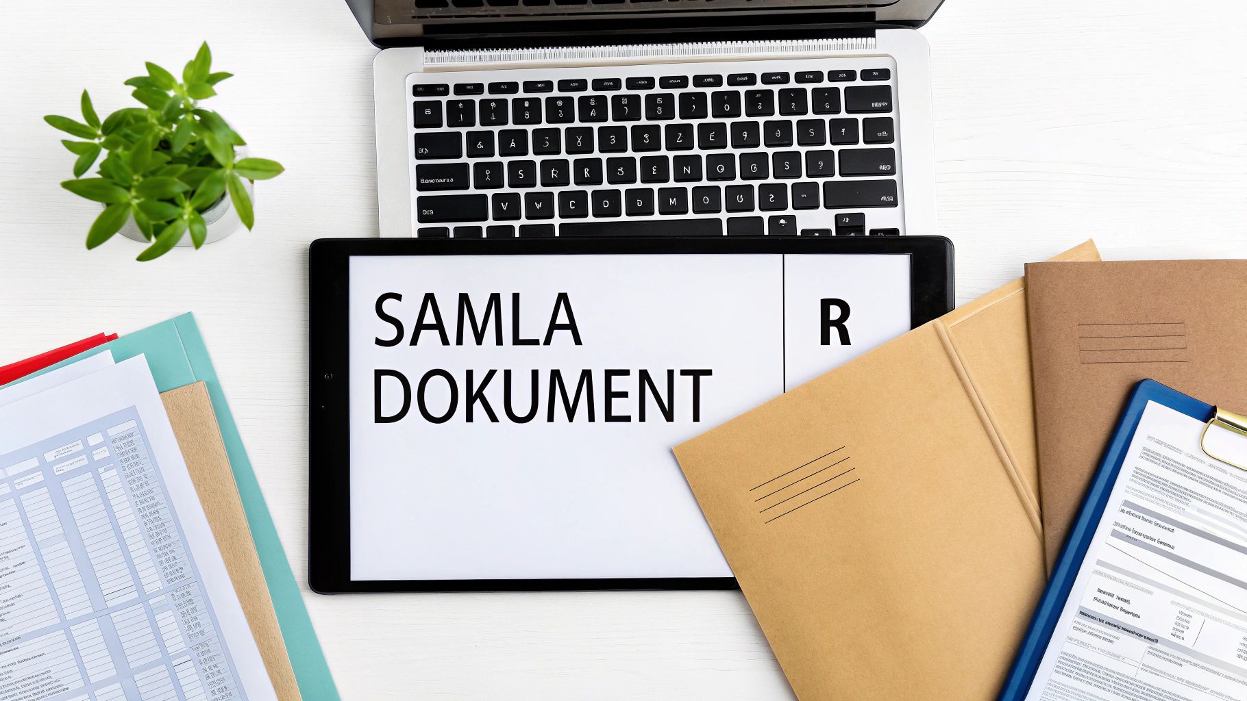 Platt lay av arbetsyta med bärbar dator, surfplatta som visar 'SAMLA DOKUMENT', växter och pappersarbete.