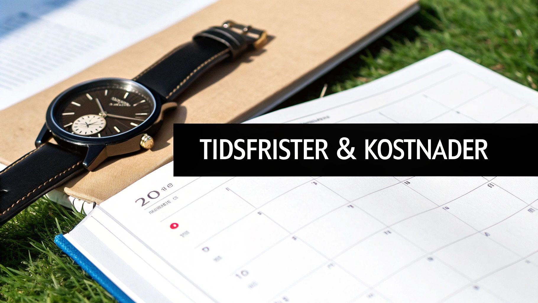 En klocka och en öppen kalender ligger på gräset, med texten "TIDSFRISTER & KOSTNADER" över bilden.