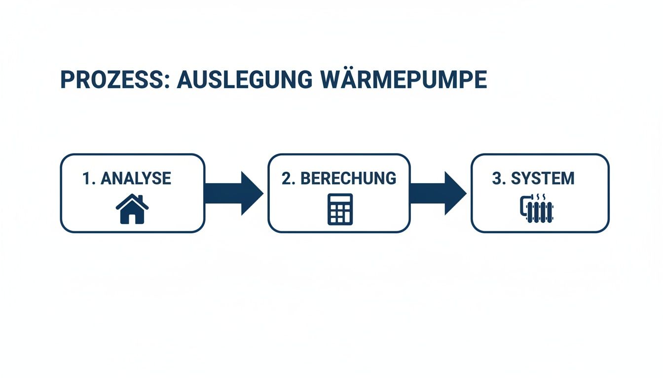 Prozessdiagramm zur Auslegung einer Wärmepumpe: 1. Analyse (Haus), 2. Berechnung (Rechner), 3. System (Heizkörper).