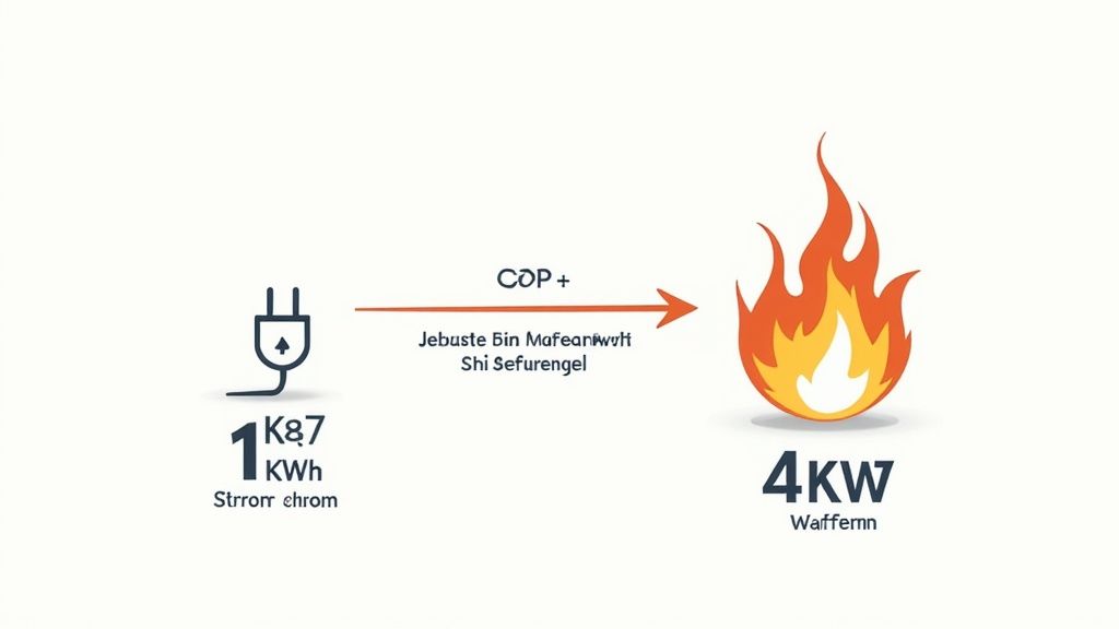 Schema einer Wärmepumpe: 1 kWh Strom wird mit COP zu 4 kW Wärme umgewandelt.