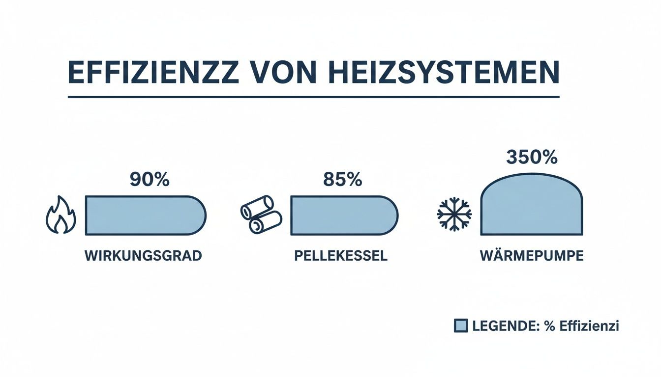 Infografik über die Effizienz verschiedener Heizsysteme: Wirkungsgrad (90%), Pellekessel (85%), Wärmepumpe (350%).