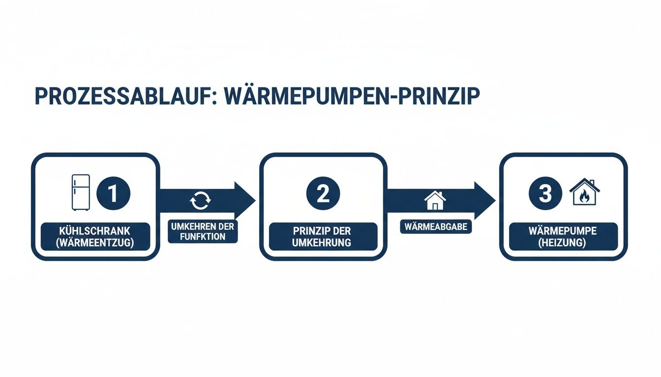 Infografik zum Wärmepumpen-Prinzip: Veranschaulicht den Prozess vom Kühlschrank zur Wärmepumpe mit Funktionsumkehr.