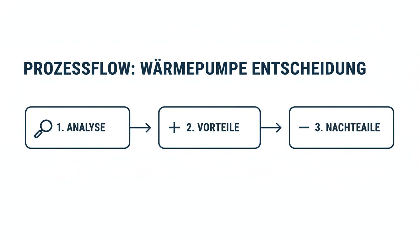 Prozessflussdiagramm zur Wärmepumpen-Entscheidung mit Schritten für Analyse, Vorteile und Nachteile.