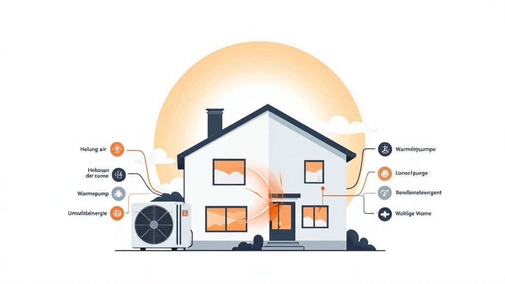 Illustration eines Hauses mit Wärmepumpe, die zeigt, wie Umweltenergie in wohlige Wärme umgewandelt wird.