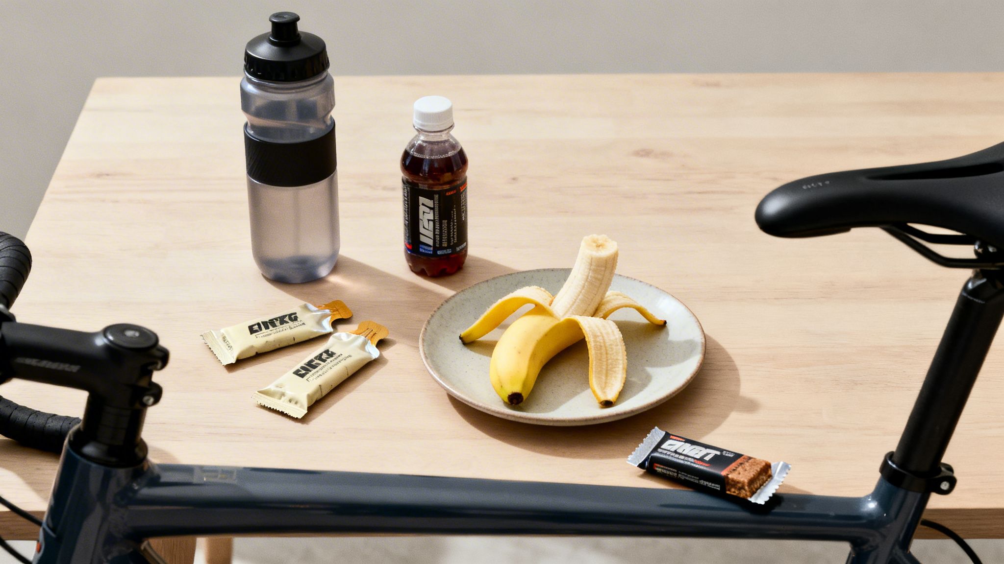 Cycling nutrition essentials laid out on a wooden table, including a banana, gels, and drinks.