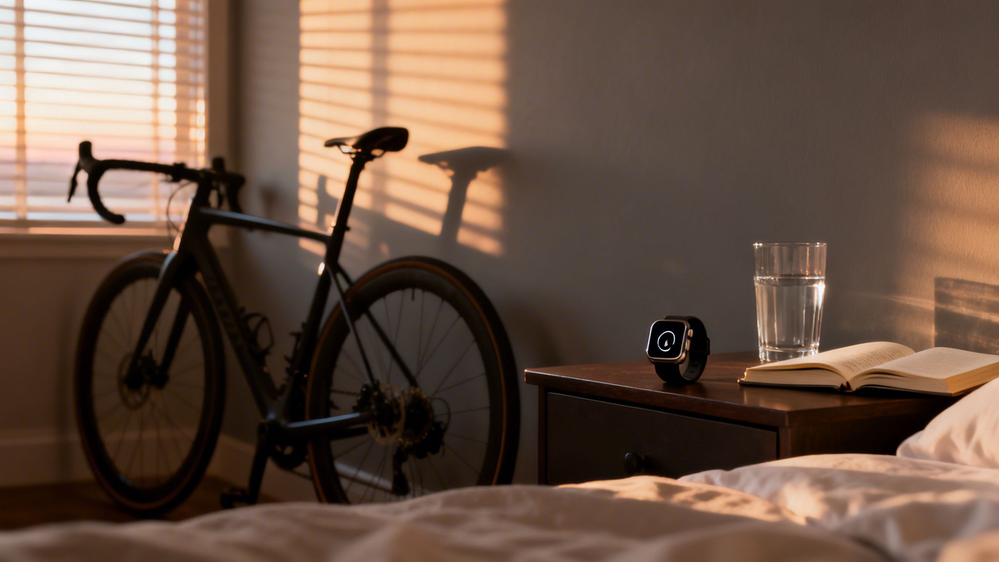A bicycle stands by a window in a sunlit room, next to a nightstand with a smartwatch, water, and a book.