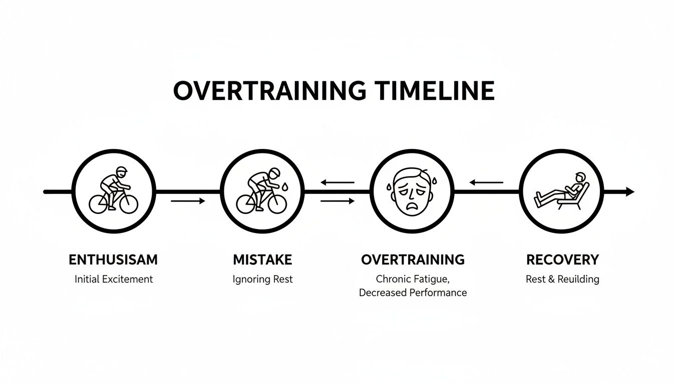 A timeline illustrating the four stages of overtraining: enthusiasm, mistake, overtraining, and recovery.