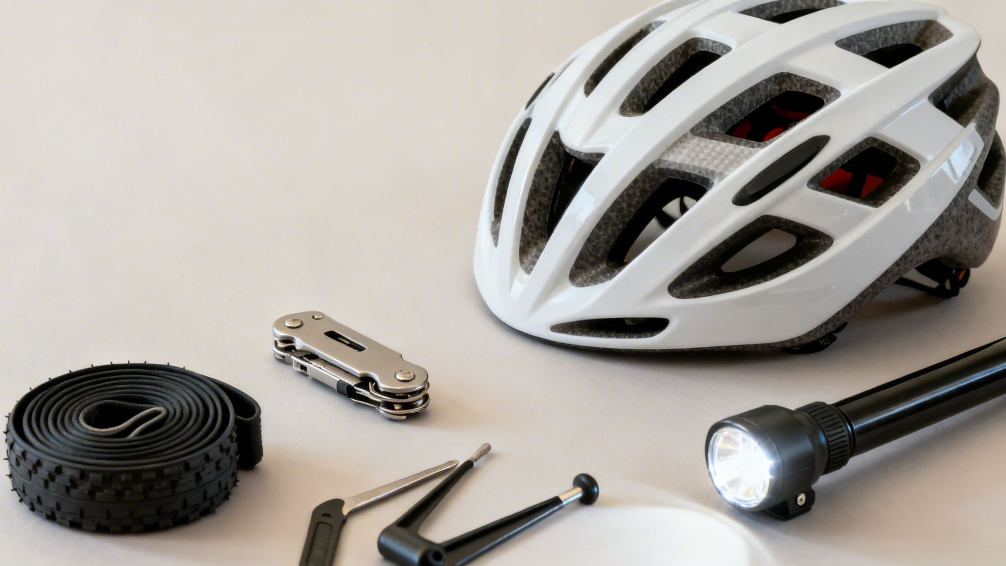 A flat lay of essential cycling gear, including a helmet, tire, multi-tool, tire levers, and a bright flashlight.
