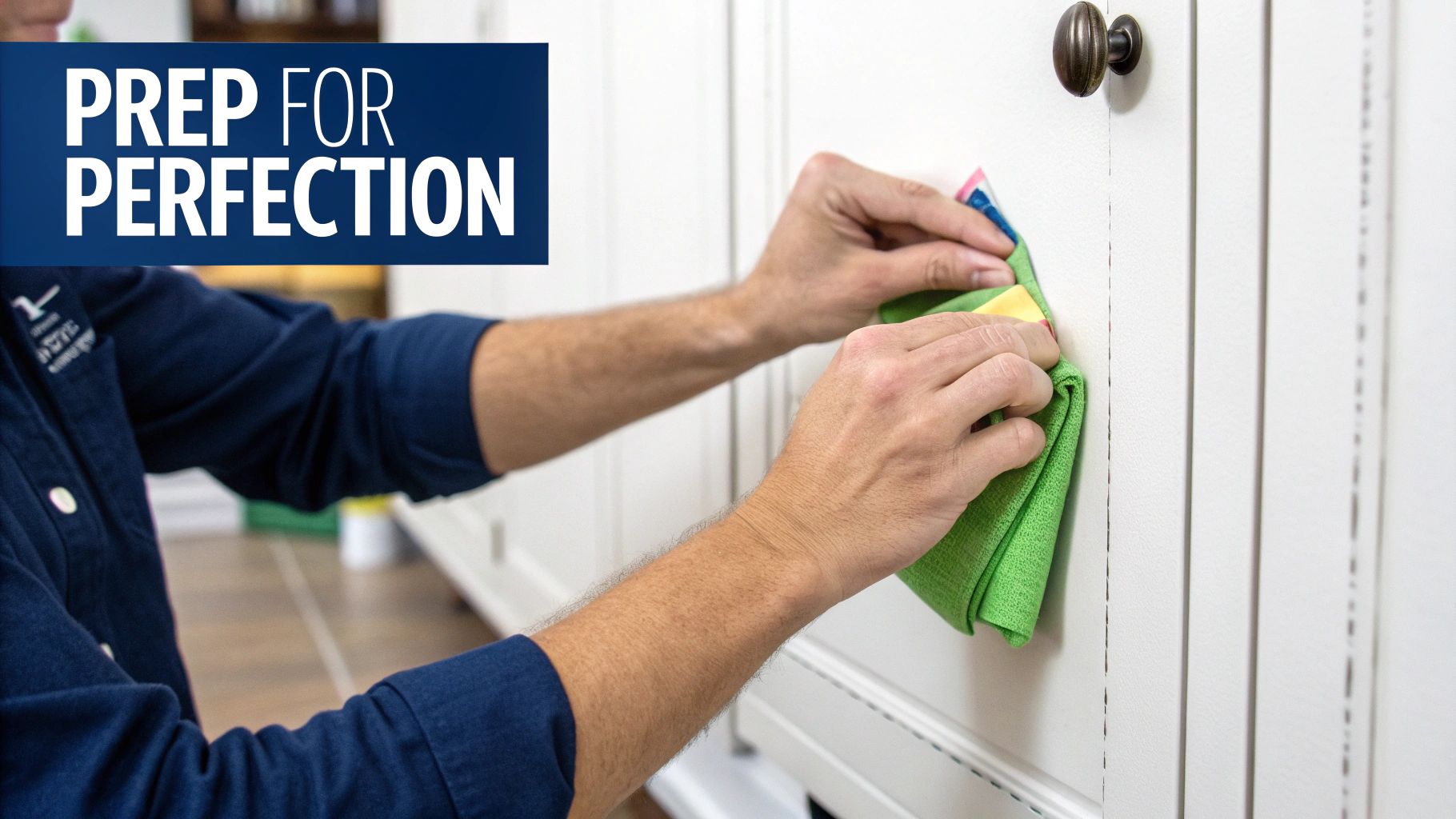 A person wearing gloves carefully sanding a white kitchen cabinet door.