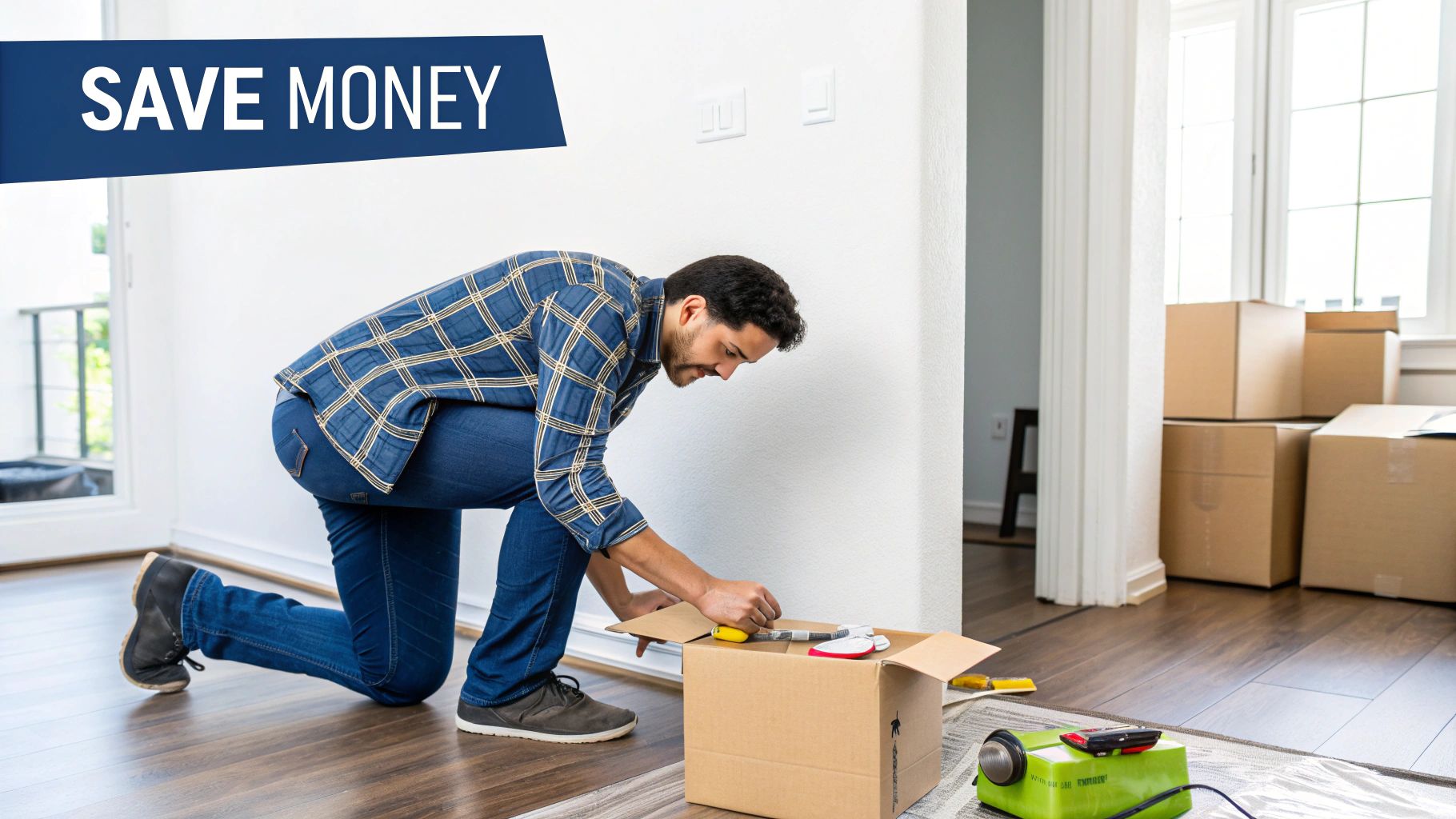 A person carefully applying painter's tape to the edge of a white wall, preparing for painting.
