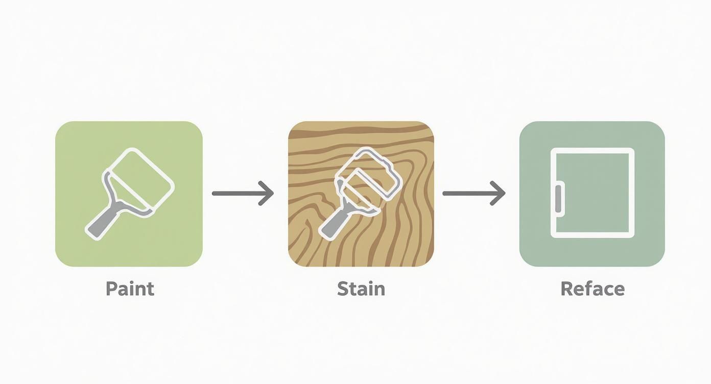 Infographic showing the three main options for refinishing kitchen cabinets Paint, Stain, and Reface.