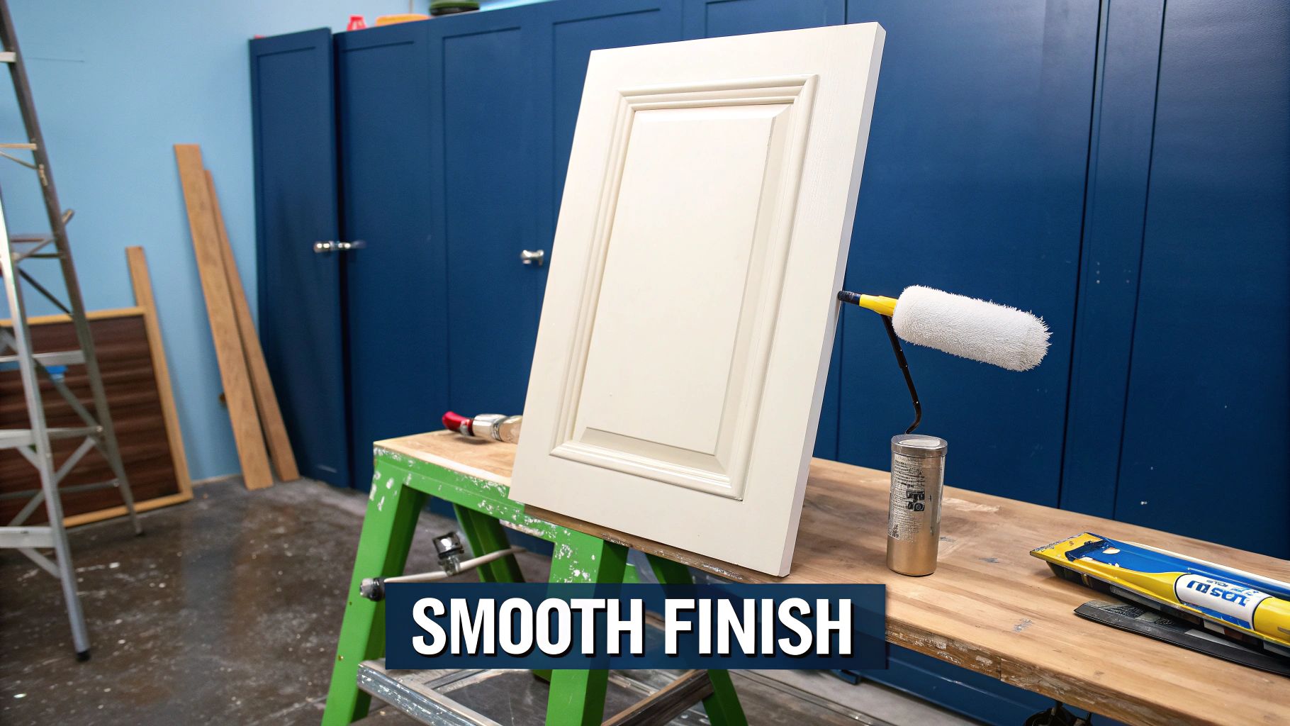 A person painting a kitchen cabinet door with a small roller.