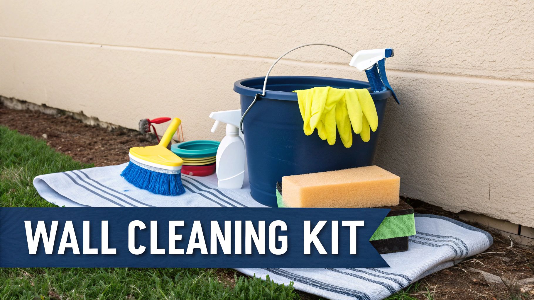 A collection of wall cleaning supplies including a bucket, sponge, and cloths laid out neatly.