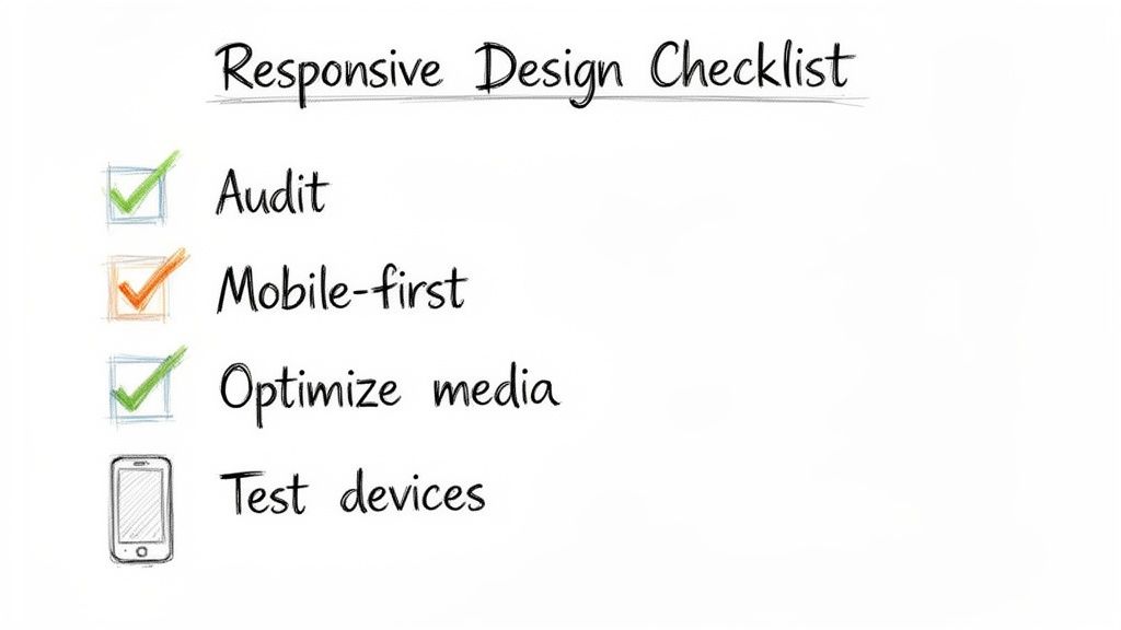 A handwritten responsive design checklist with items: Audit, Mobile-first, Optimize media, and Test devices.