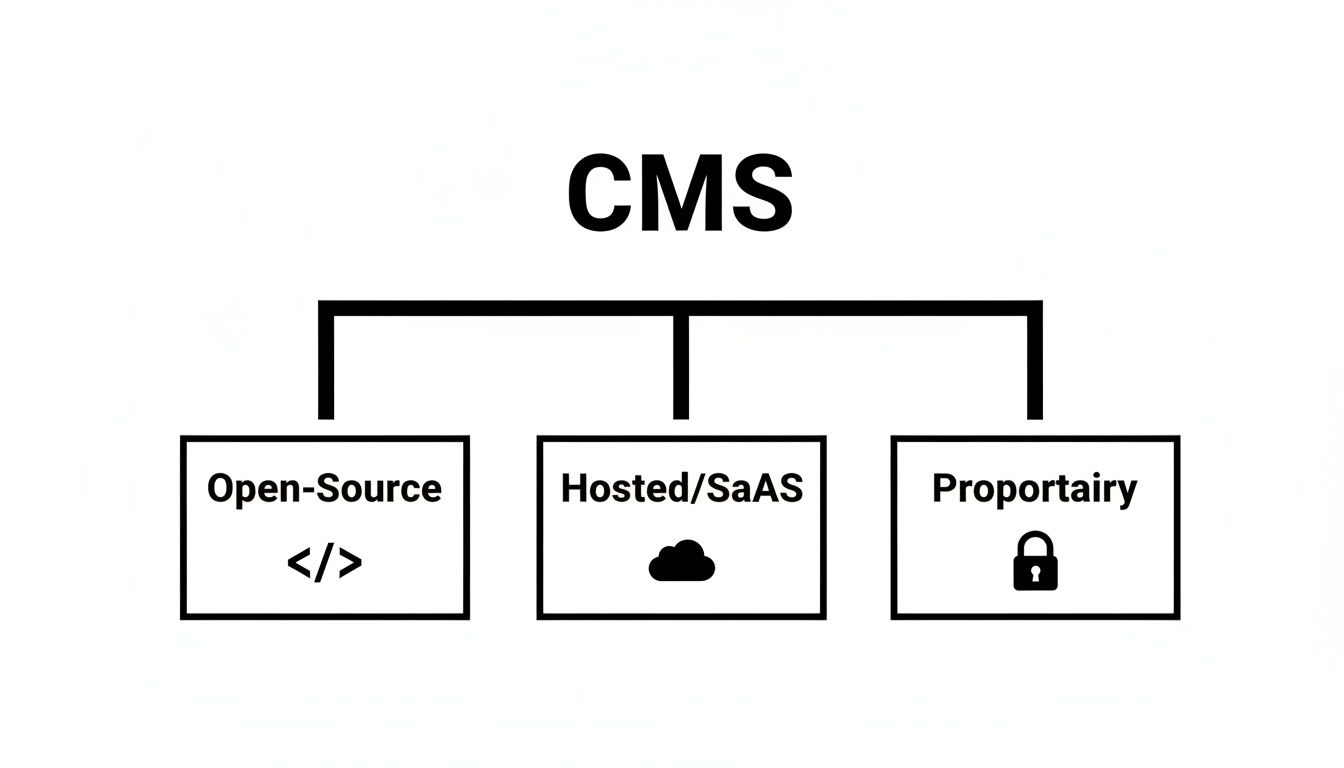Diagram illustrating Content Management System (CMS) types: Open-Source, Hosted/SaaS, and Proprietary.