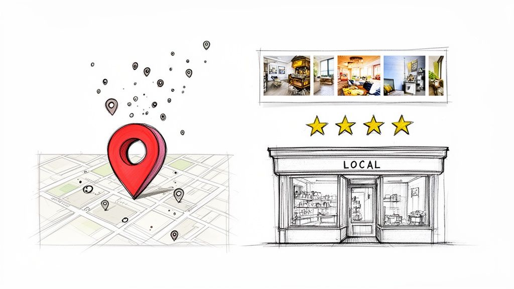 Sketch illustrating local businesses, map pins, customer ratings, and a storefront for local search.