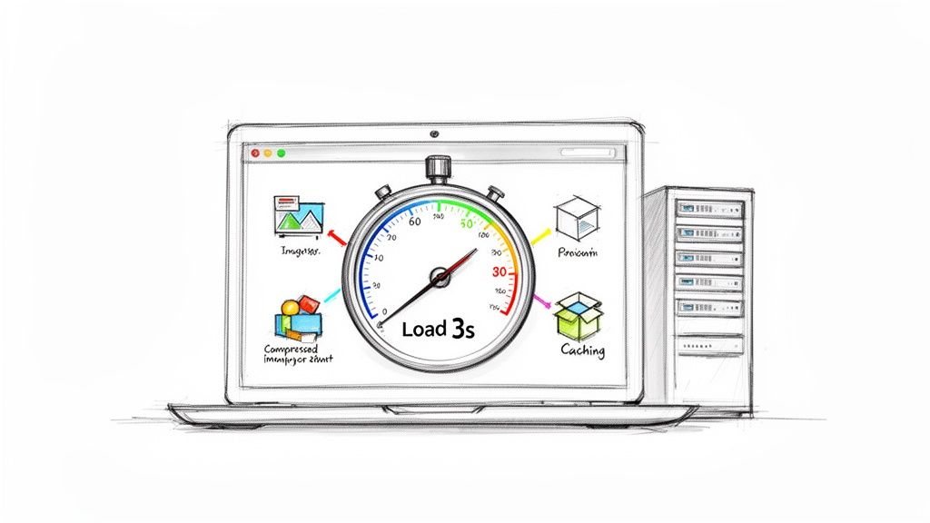 Illustration of website speed optimization on a laptop screen, showing a stopwatch with 'Load 3s' and optimization elements.
