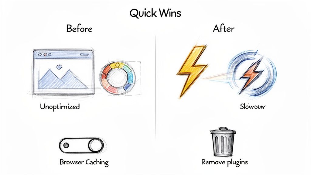 Diagram showing quick wins for website speed optimization, contrasting unoptimized vs. faster experiences.