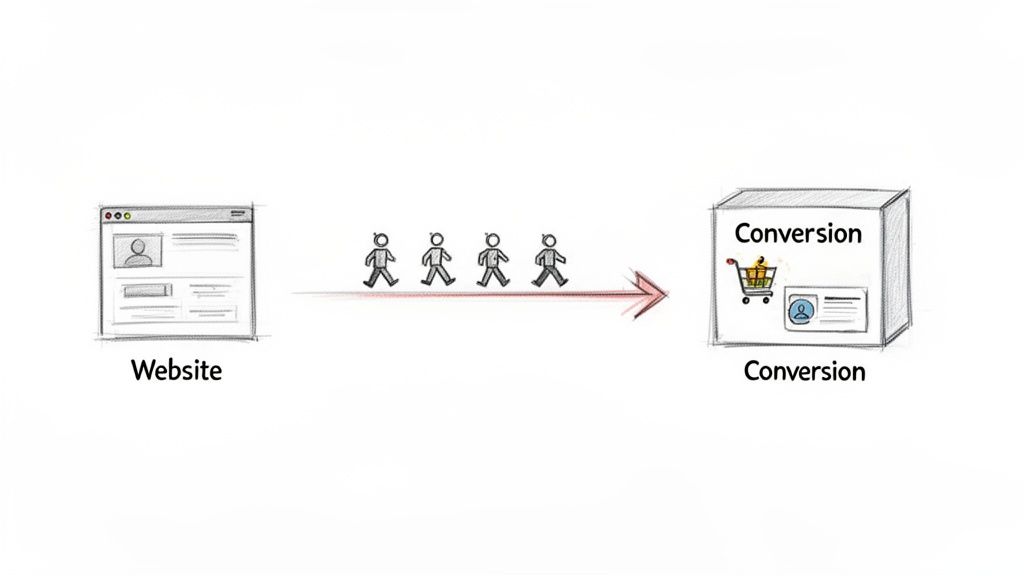 An illustration depicting users journeying from a website to a conversion, represented by a box with a shopping cart.