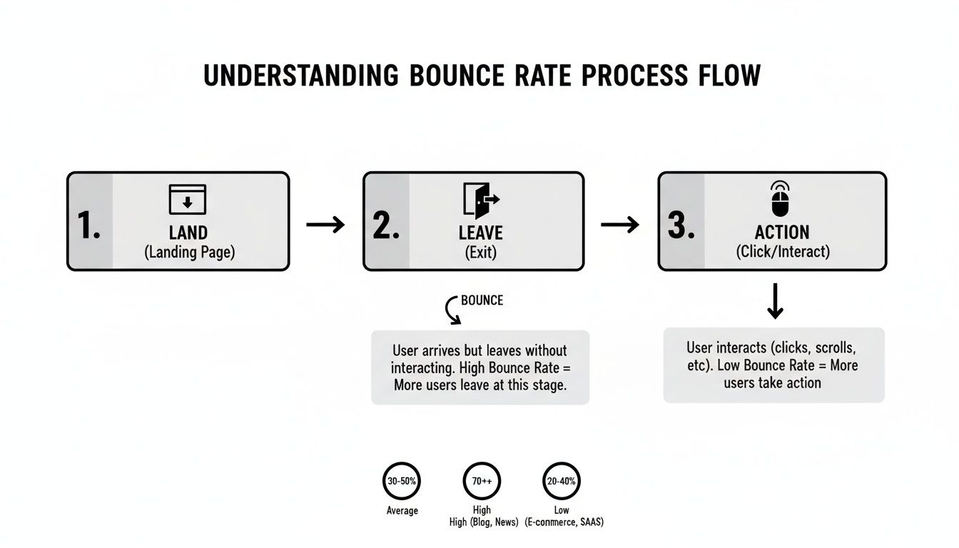 Flowchart explaining website bounce rate process from landing to interaction, including typical rates by content type.