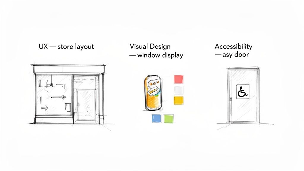 Sketches illustrating UX store layout, visual design with a product and color swatches, and an accessible door.