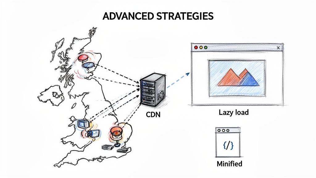 Advanced strategies show UK users connecting to a CDN, implementing lazy load and minified code.