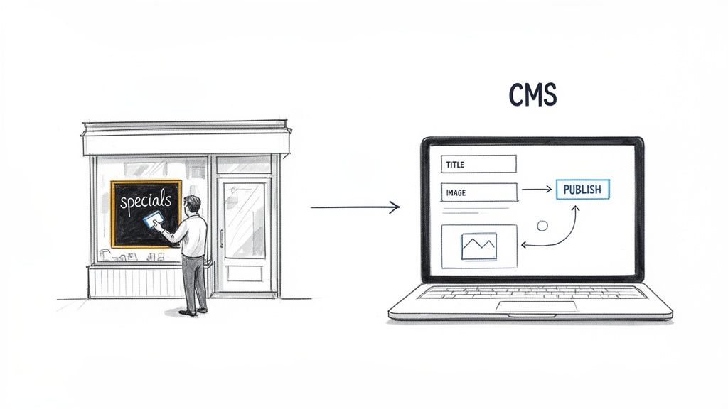A man writes 'specials' on a chalkboard, then uses a laptop with a CMS to publish content.