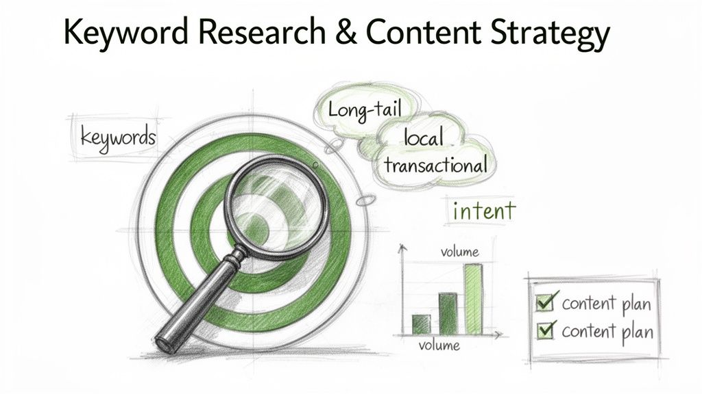 An illustration depicting keyword research and content strategy with a magnifying glass on a target, showing intent types and content plans.