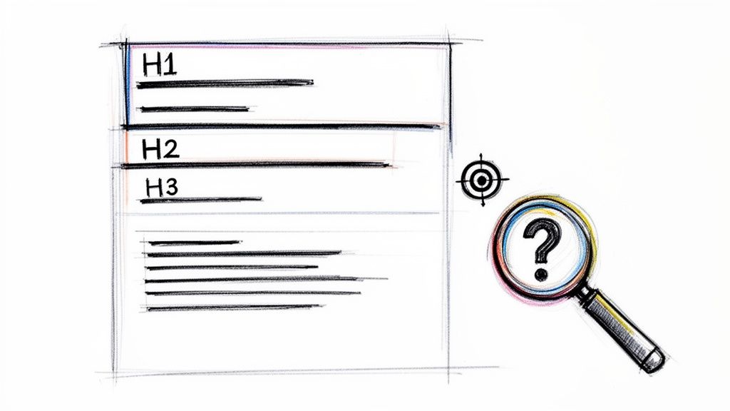 Hand-drawn website layout with H1, H2, H3 headings and content, with a magnifying glass for SEO optimization.