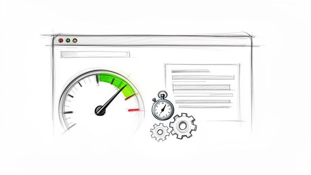 A hand-drawn sketch of a browser window with a speed gauge, stopwatch, and gears, symbolizing website performance and optimization.