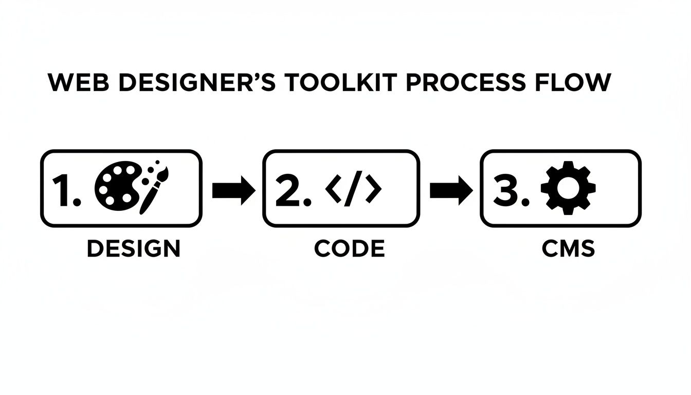 Web designer's toolkit process flow showing three steps: design, code, and CMS.