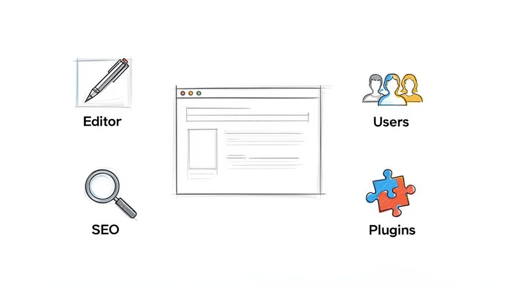 A diagram illustrating the key components of a Content Management System, including editor, users, SEO, and plugins.