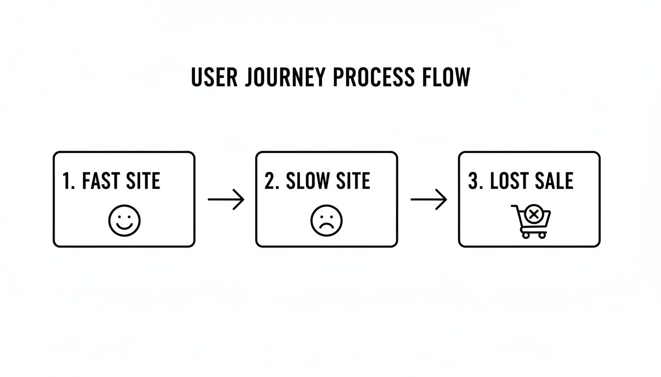 User journey process flow illustrating the impact of website speed: fast site equals happy users, slow site equals lost sales.