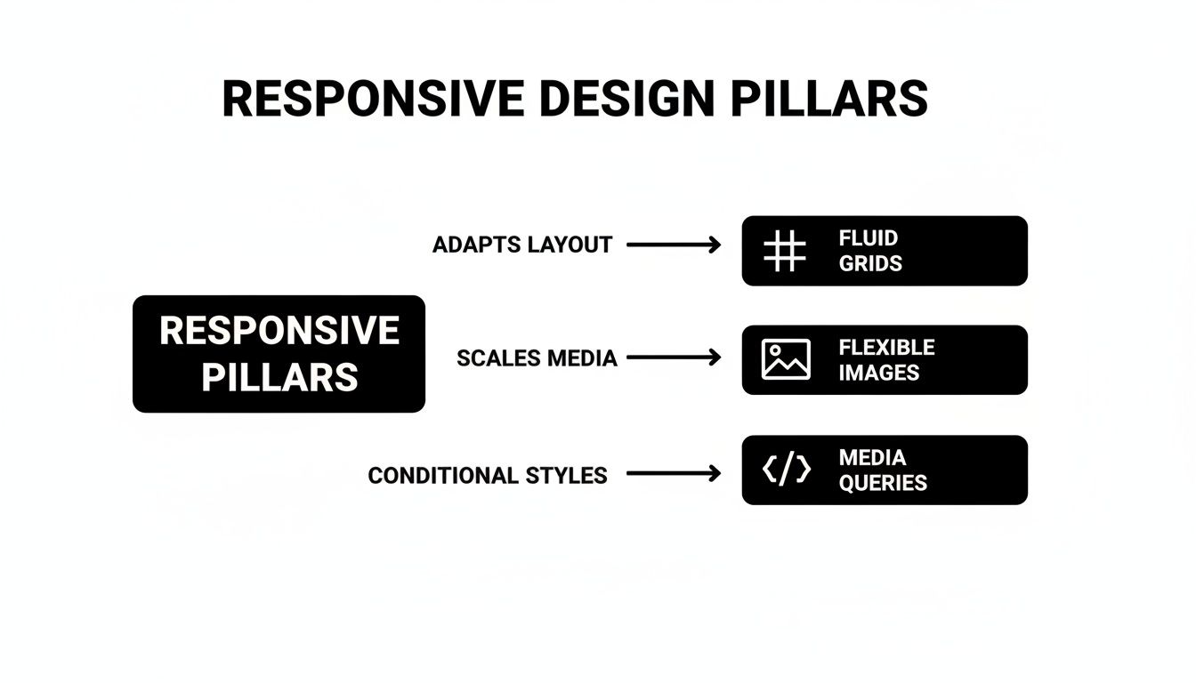A diagram illustrating the three core pillars of responsive web design: Fluid Grids, Flexible Images, and Media Queries.