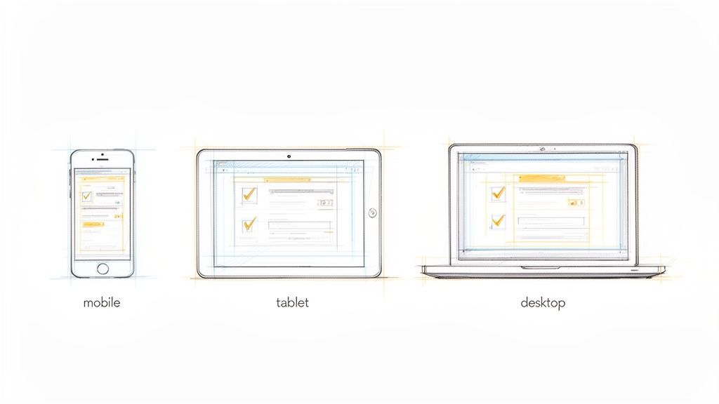A blueprint sketch illustrating responsive web design for a checklist application across mobile, tablet, and desktop devices.