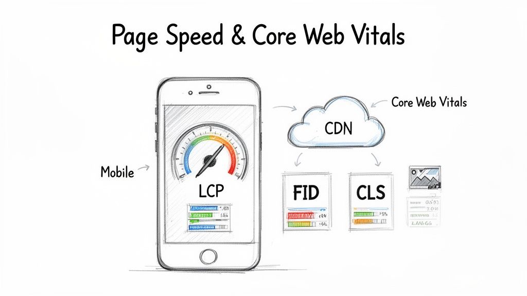 Diagram illustrating page speed and Core Web Vitals (LCP, FID, CLS) on mobile, connected via a CDN.