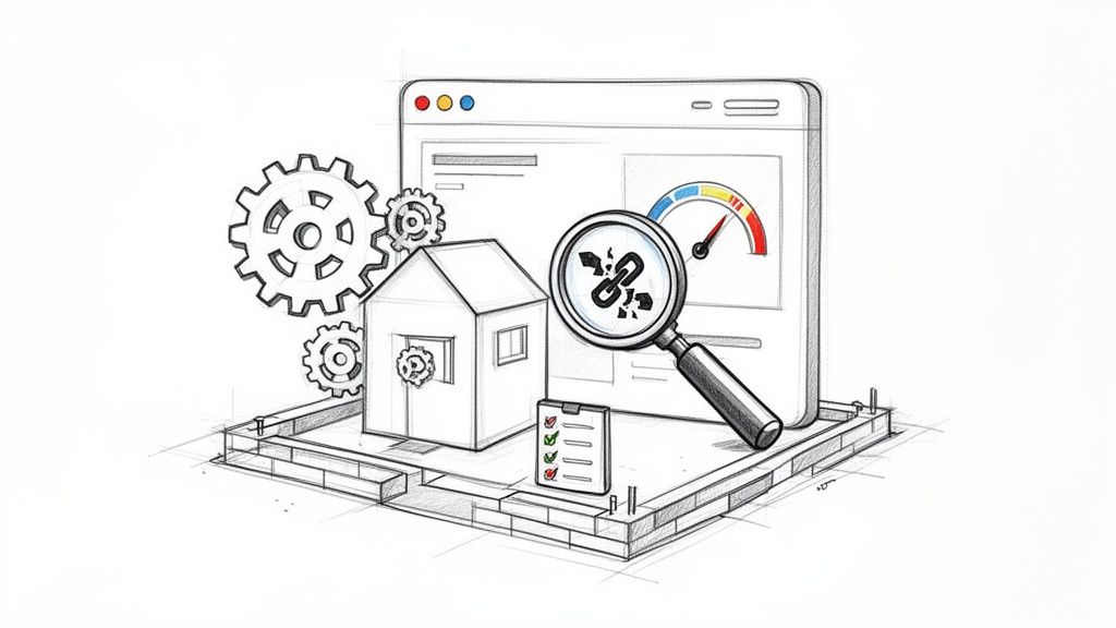 Website SEO improvement sketch: house with gears, browser, speed gauge, magnifying glass inspecting broken link, and checklist.