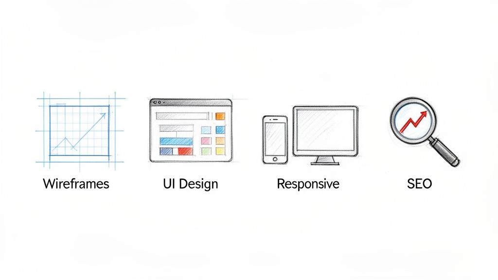 Four hand-drawn sketches illustrating web design concepts: wireframes, UI design, responsive, and SEO.