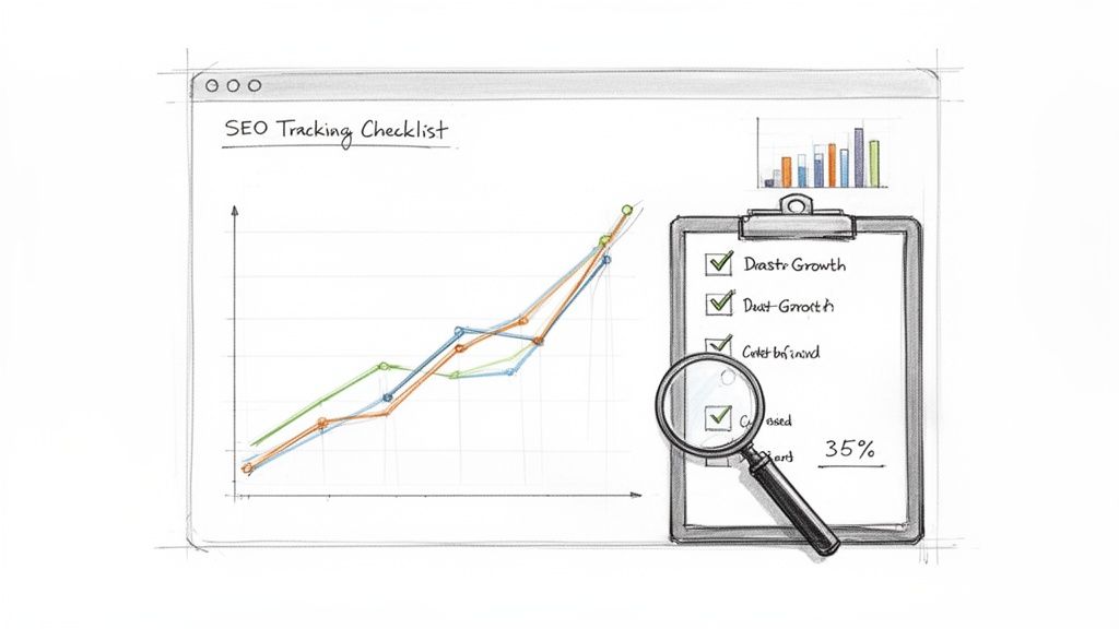 Sketch illustration of an SEO tracking checklist with a growth graph, bar chart, and checked items on a clipboard.
