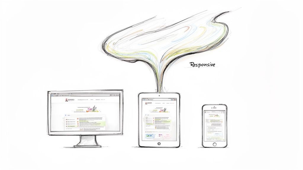 A sketch illustrating responsive web design, showing content adapting across a desktop, tablet, and smartphone.