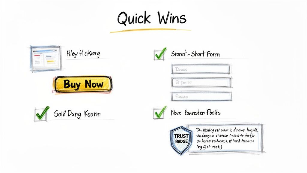 Sketched 'Quick Wins' for website conversion, featuring a buy button, short form, and trust badge.