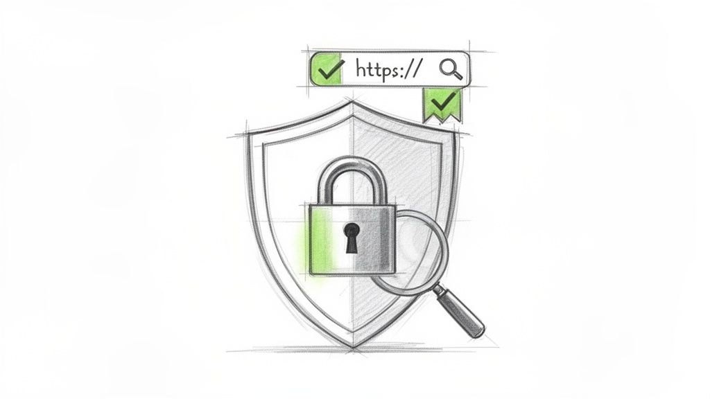 A sketch illustrating website security with a shield, padlock, https address, and checkmarks.