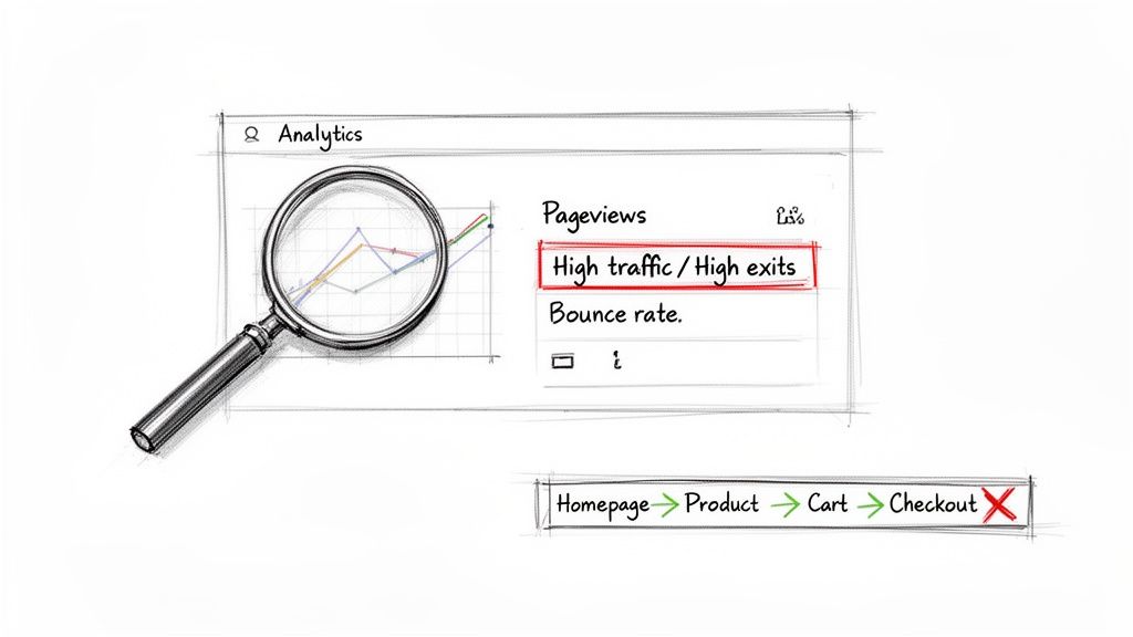 Illustration showing website analytics dashboard identifying high exits and a broken checkout conversion funnel.