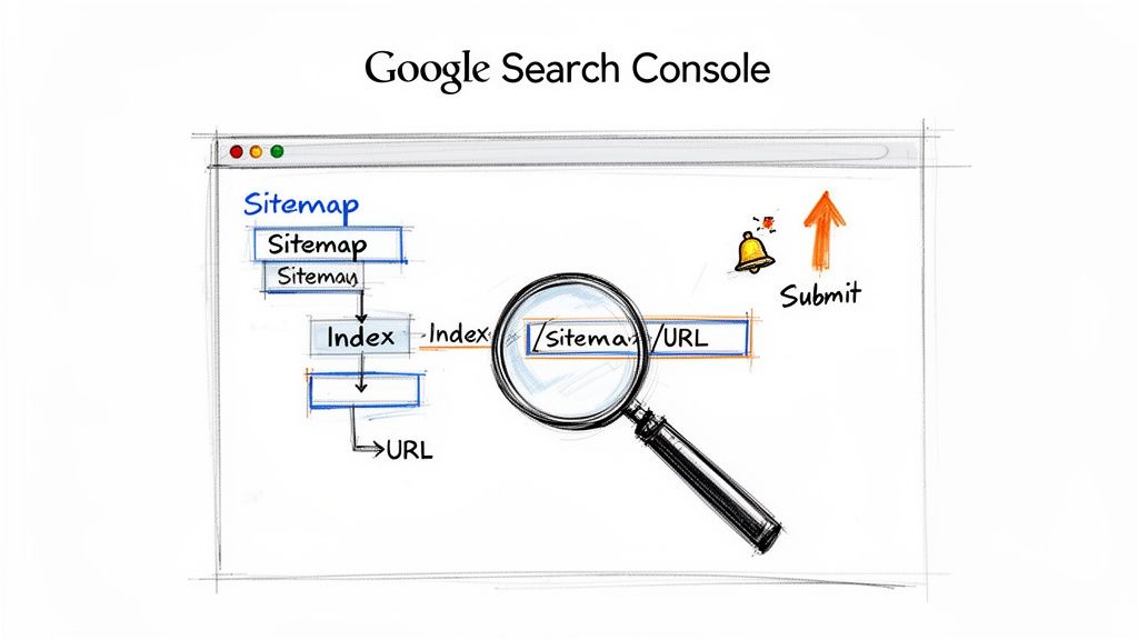 Diagram illustrating the Google Search Console process for sitemap submission, indexing, and URL inspection.