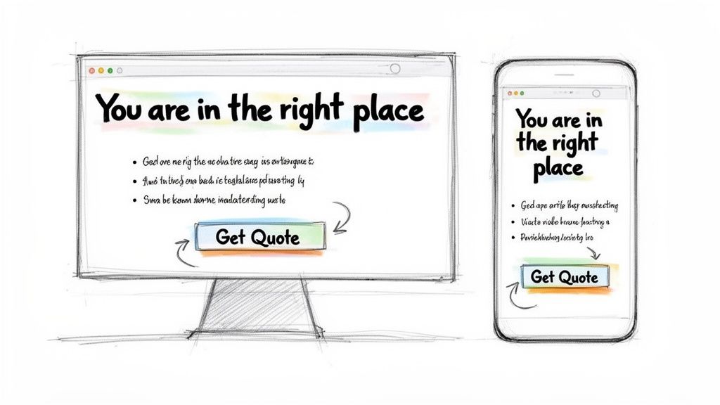Wireframe concept of a responsive website design shown on desktop and mobile devices.