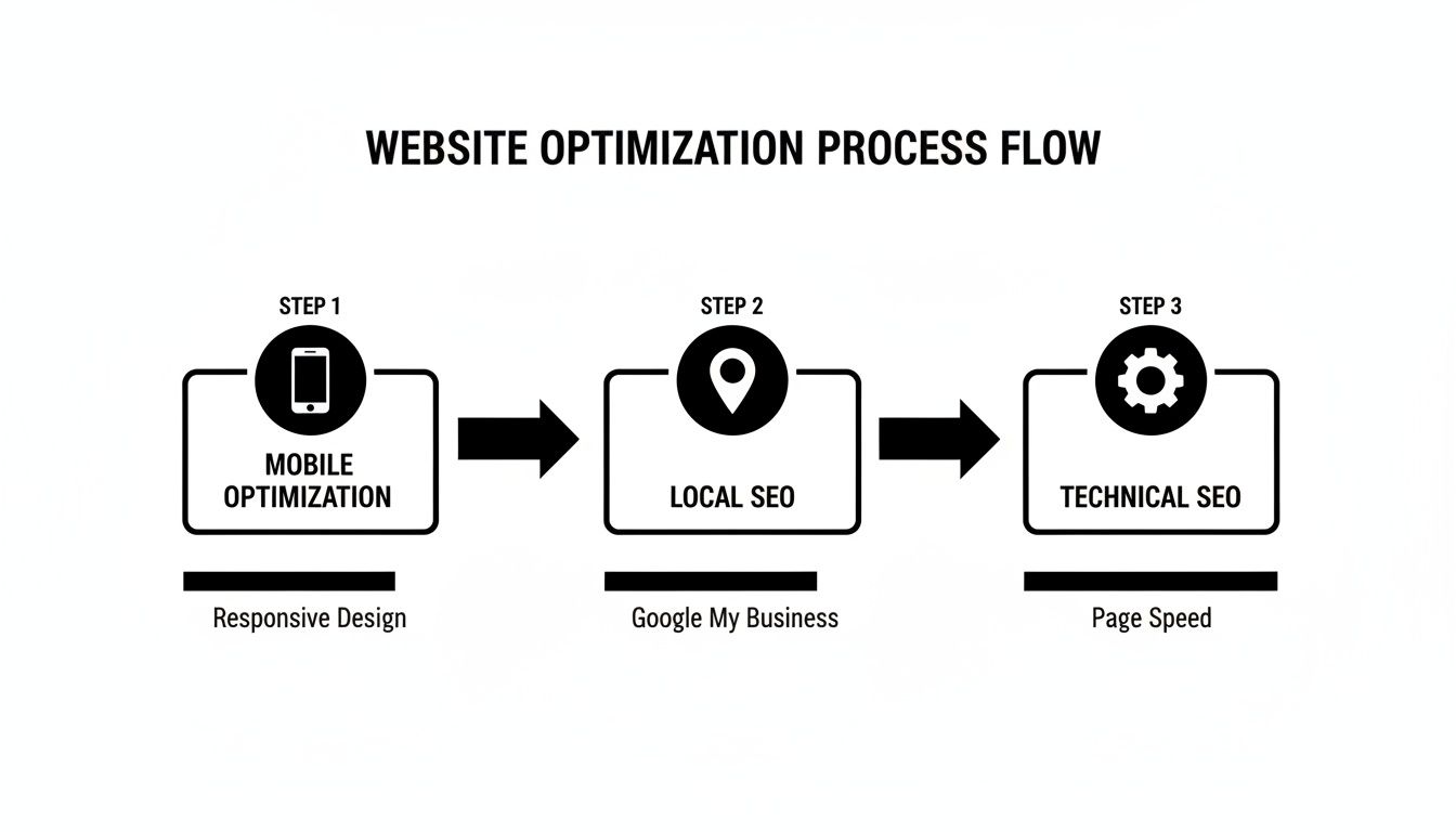 A three-step website optimization process flow including mobile, local SEO, and technical SEO.